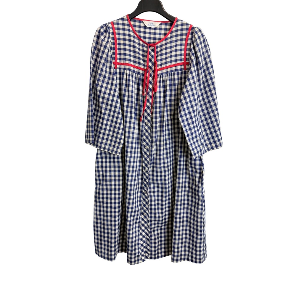 Vintage At Home Wear M/L Gingham House Dress Blue White Red Button Front Robe